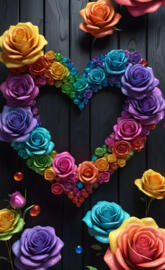 heart shaped wreath made from rainbow of roses on black wood board
