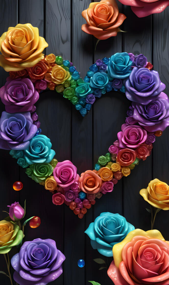 heart shaped wreath made from rainbow of roses on black wood board