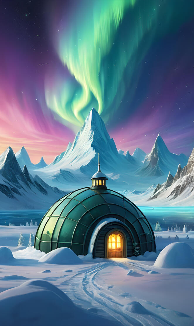 iglu from north pole, aurora borealis