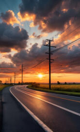 a road with power lines and a sunset