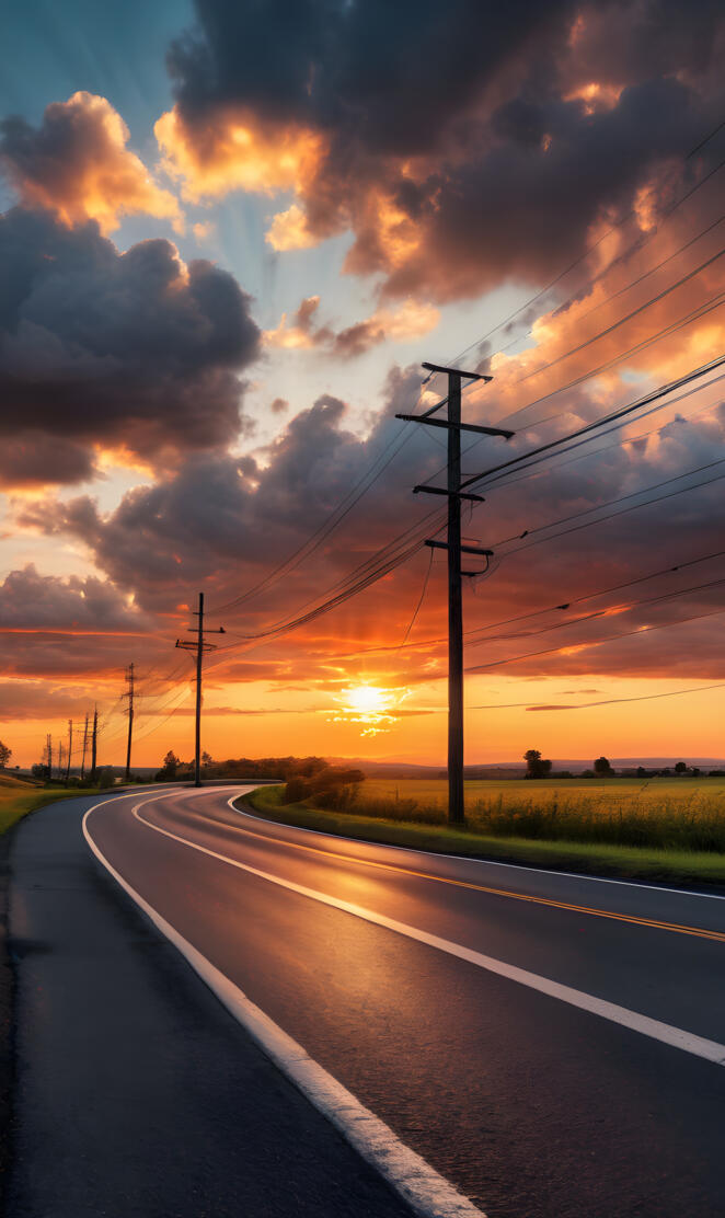 a road with power lines and a sunset