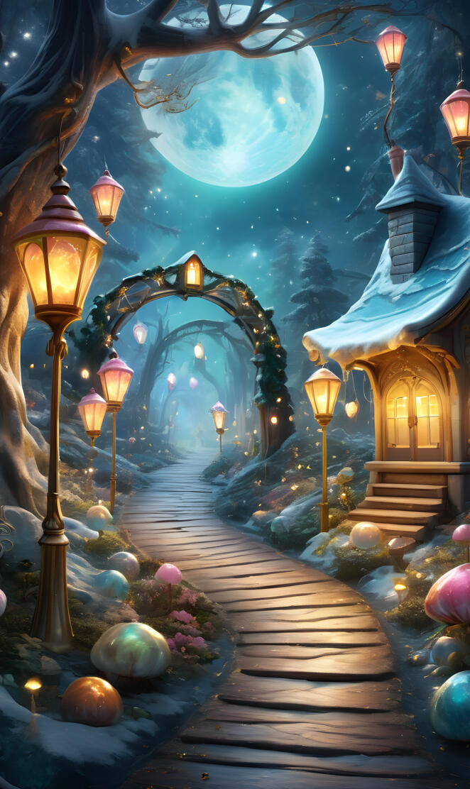 a room with a staircase and a chandelier with a large mural