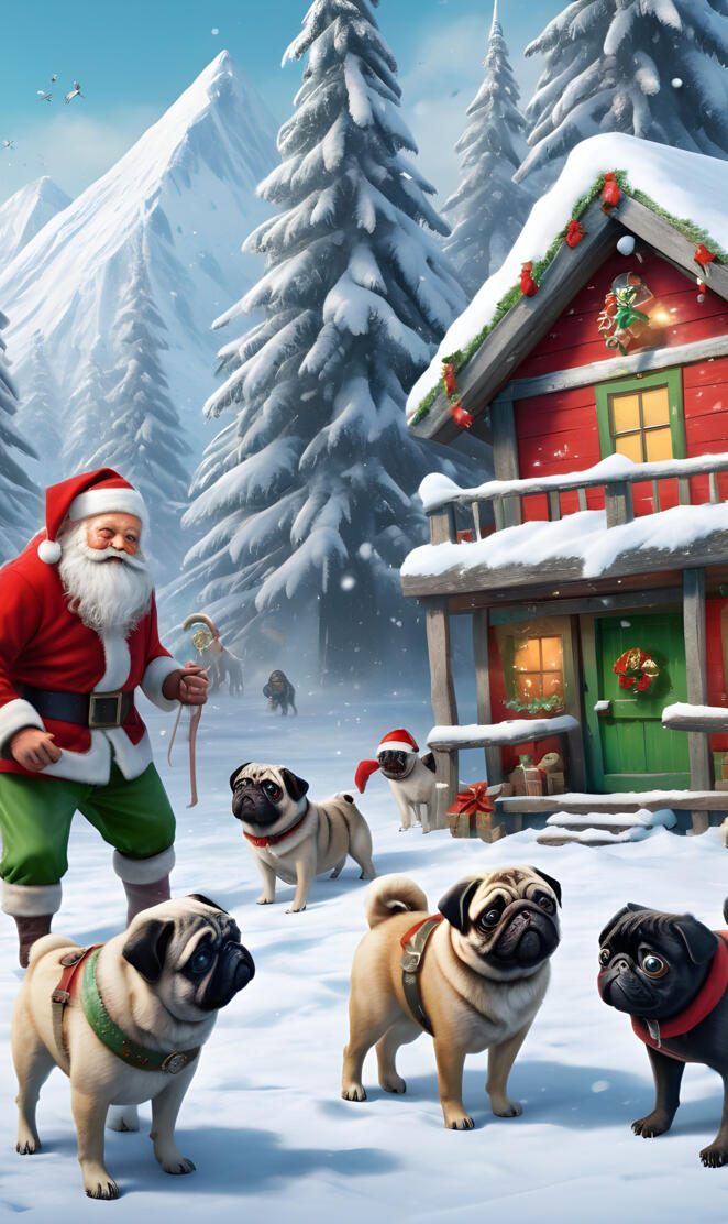 Pug Christmas at the North Pole with Santa