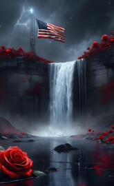 a flag on a pole above a waterfall