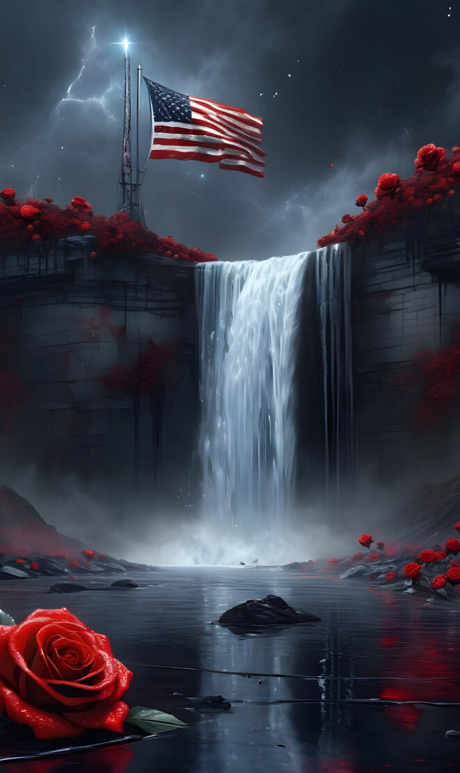 a flag on a pole above a waterfall