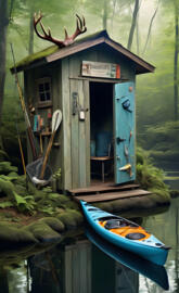 a small shack on a lake