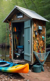 a small shack with a boat in front of it