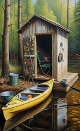 a small boat sits in a small shed