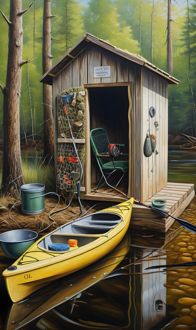 a small boat sits in a small shed