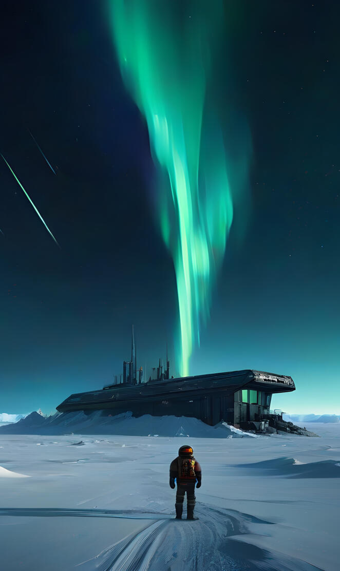 a person standing in the snow with a green aurora in the background