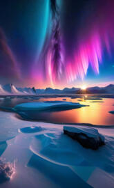 a body of water with a bright light in the sky above it