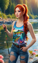 a woman in a garment holding a fishing pole