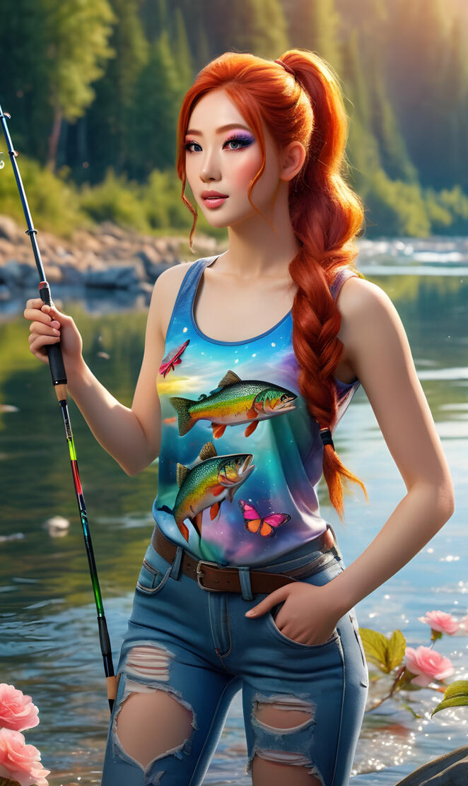 a woman in a garment holding a fishing pole