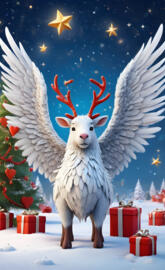 a white goat with wings and a white beard in front of a christmas tree