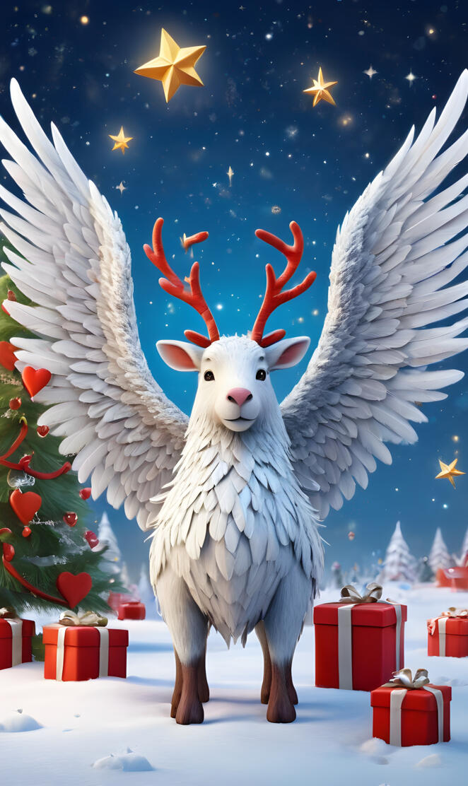 a white goat with wings and a white beard in front of a christmas tree