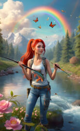 a woman holding a fishing pole in front of a river
