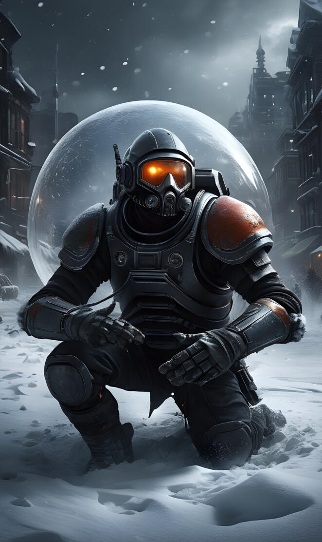 Santa future soldier guarding North pole in the snow