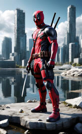 a person in a red suit and helmet holding a fishing pole