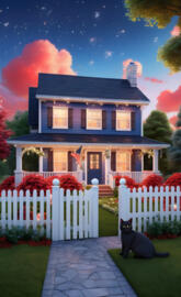 a house with a fence and a dog in front of it