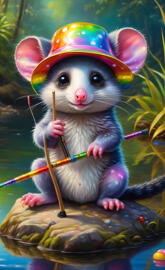 a small animal wearing a hat and holding a stick in water