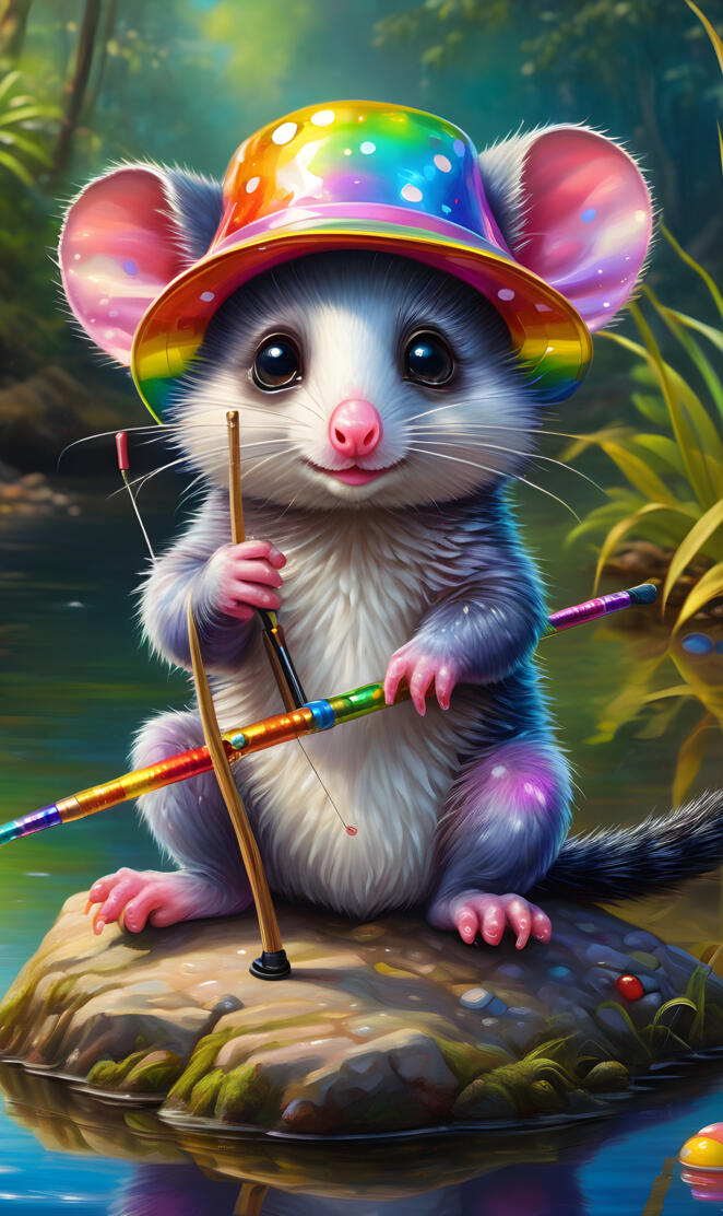 a small animal wearing a hat and holding a stick in water