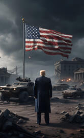 VGa Idiot is standing in front of a flag on a pole.