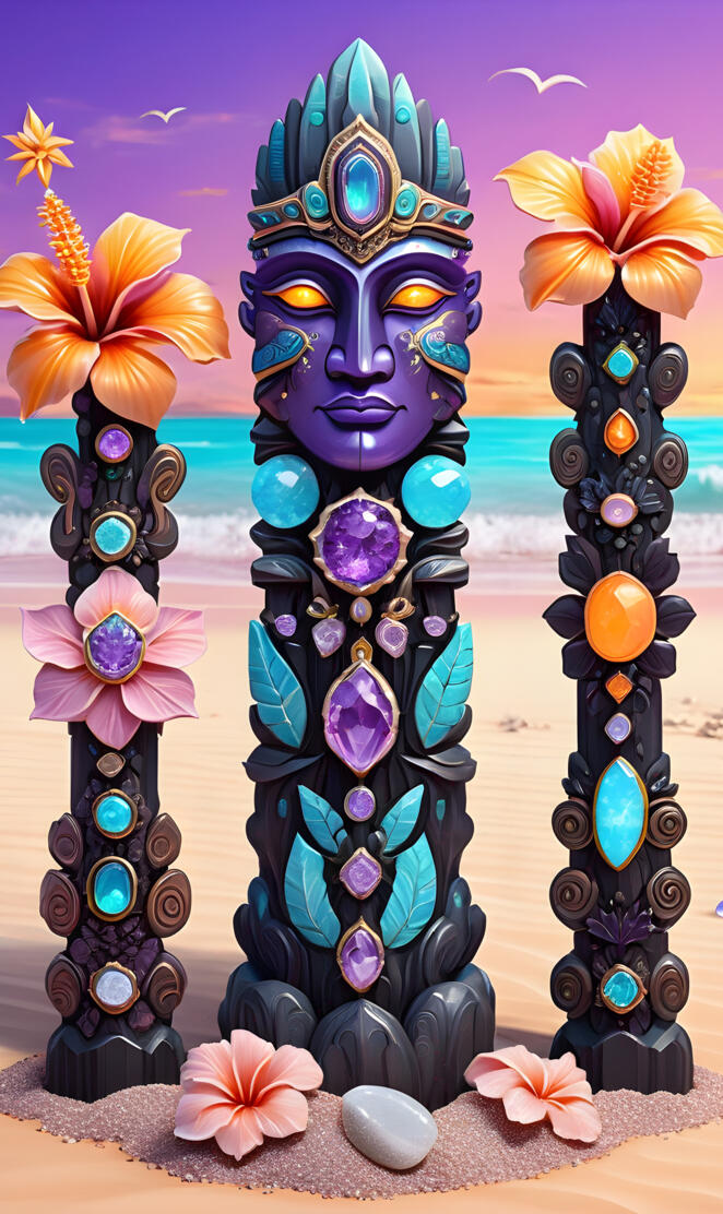 tiki totems on the beach