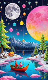 a cartoon of a boat and a tree with a house and a moon in the sky