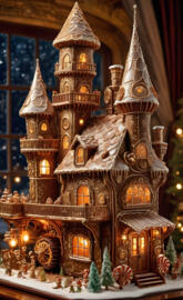 a gingerbread house with lights