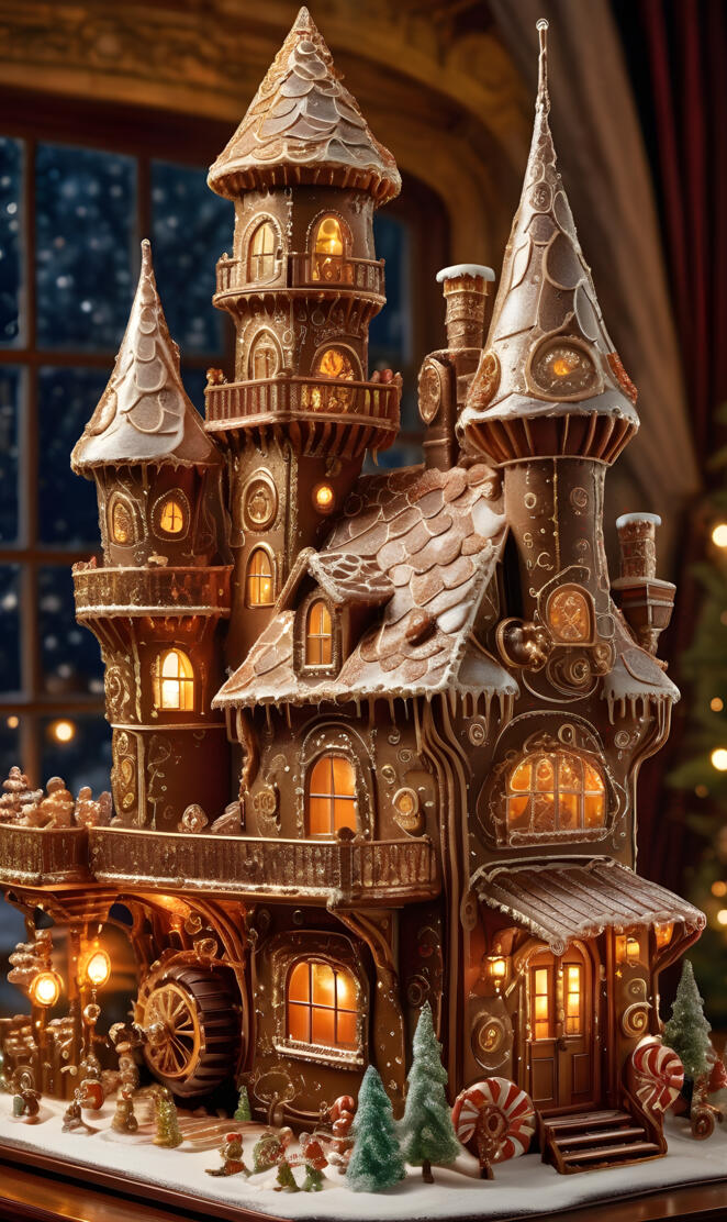 a gingerbread house with lights