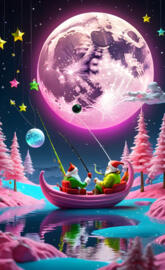 a group of people in a bowl with a large moon in the background