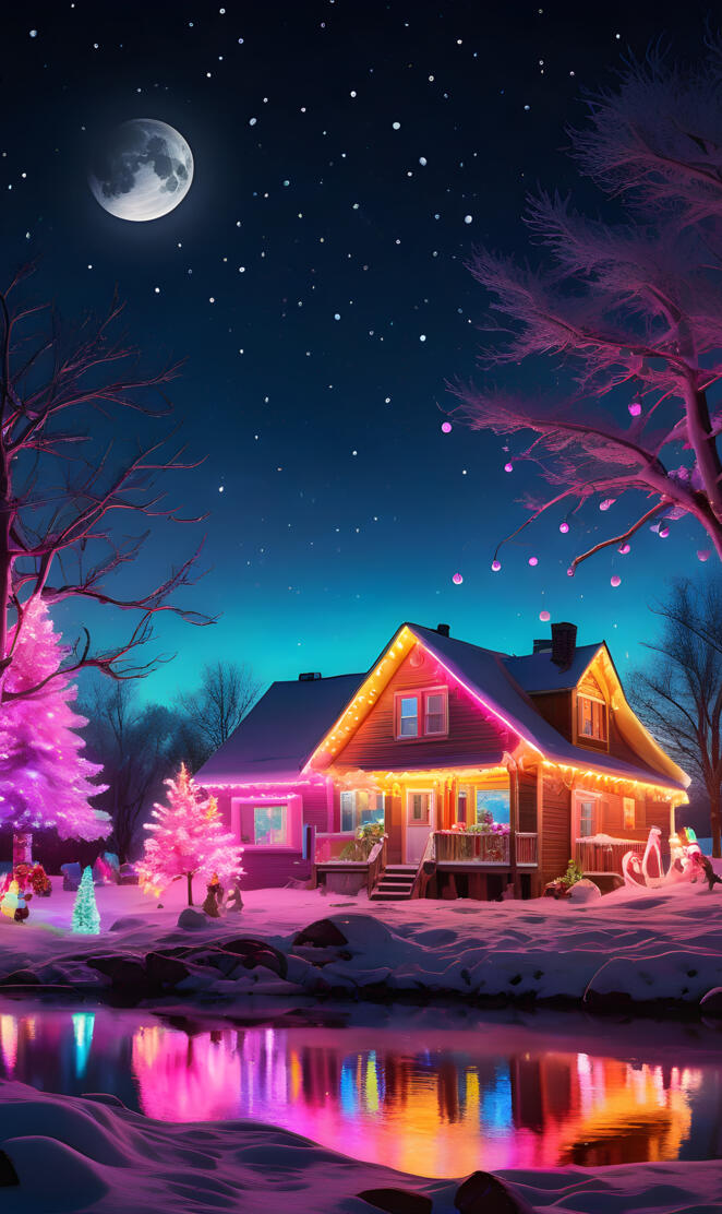 a house with lights on at night
