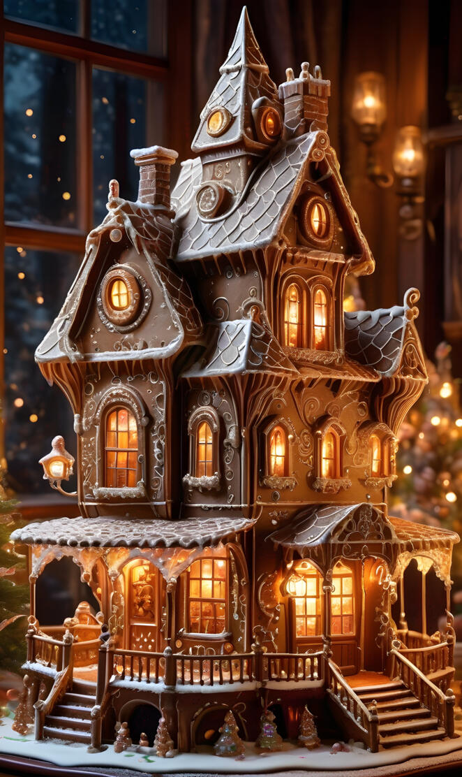 a gingerbread house with lights