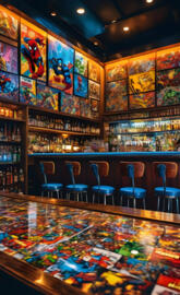 a bar with many chairs and a table with a colorful rug