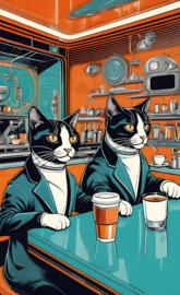 a couple of cats sitting at a table with coffee cups and a painting