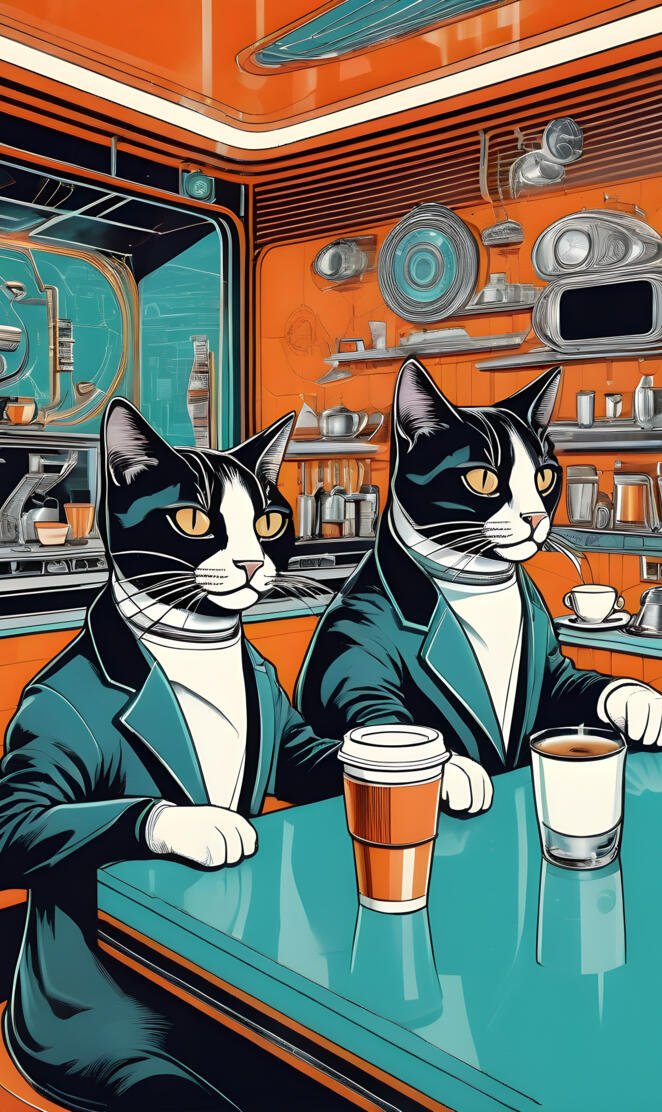 a couple of cats sitting at a table with coffee cups and a painting