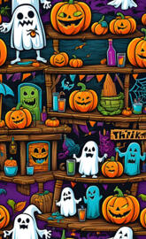 a wall with pumpkins and cartoon characters