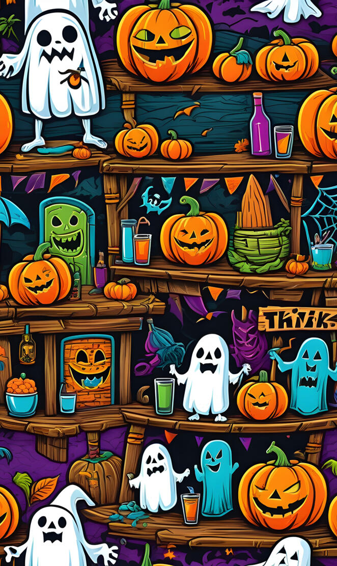 a wall with pumpkins and cartoon characters