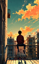 A guy sitting on a railing watching a sunset