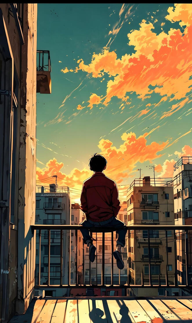 A guy sitting on a railing watching a sunset