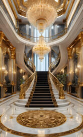 a staircase with a gold chandelier and a gold railing