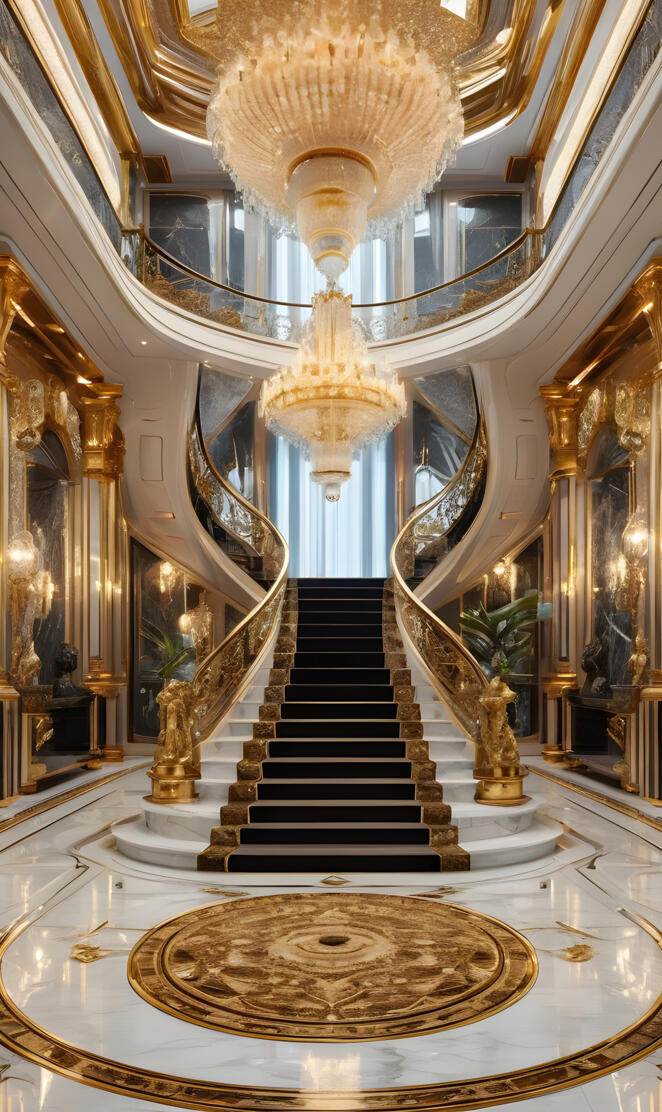 a staircase with a gold chandelier and a gold railing