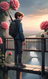a boy standing on a railing with a bouquet of flowers