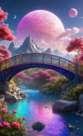 a bridge over a river with flowers and mountains in the background