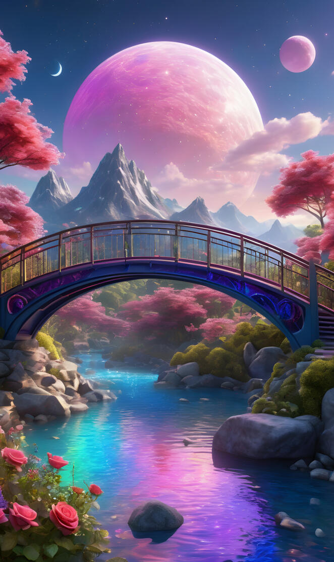 a bridge over a river with flowers and mountains in the background