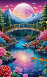 a bridge over a body of water with colorful flowers and trees