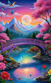 a bridge over a body of water with flowers and trees around it