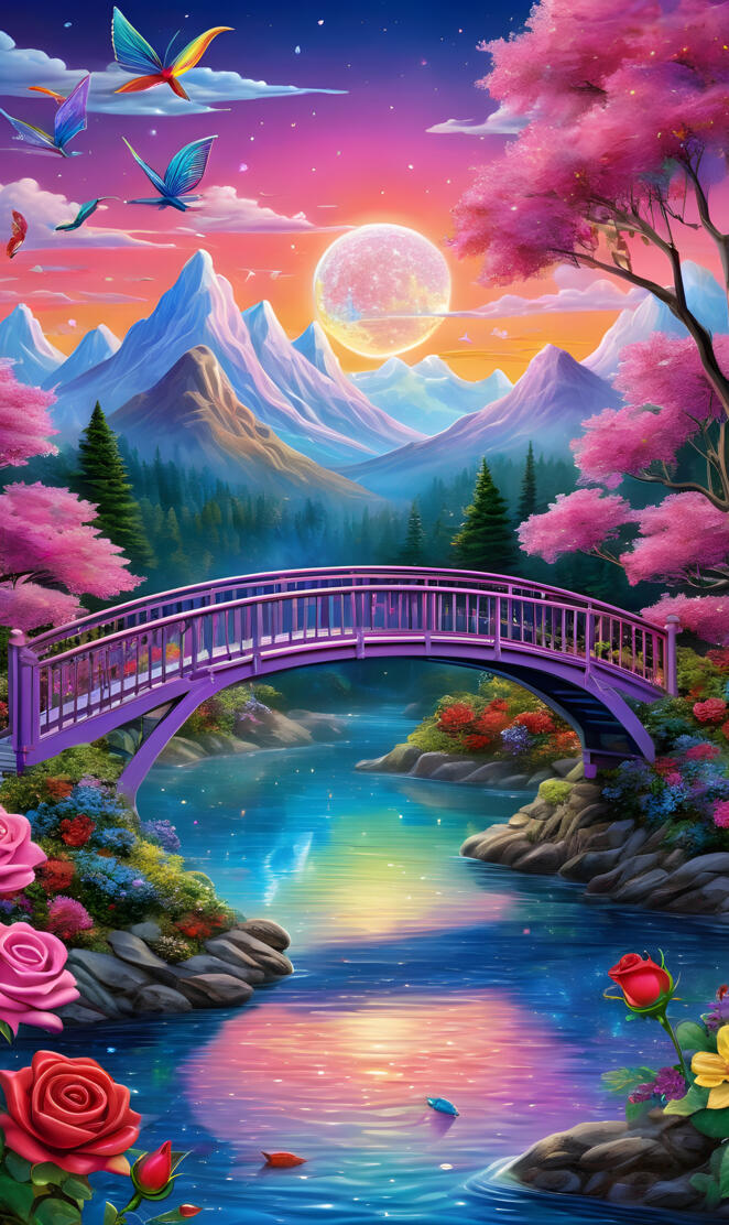 a bridge over a body of water with flowers and trees around it