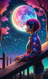a child standing on a railing looking at the stars in the sky