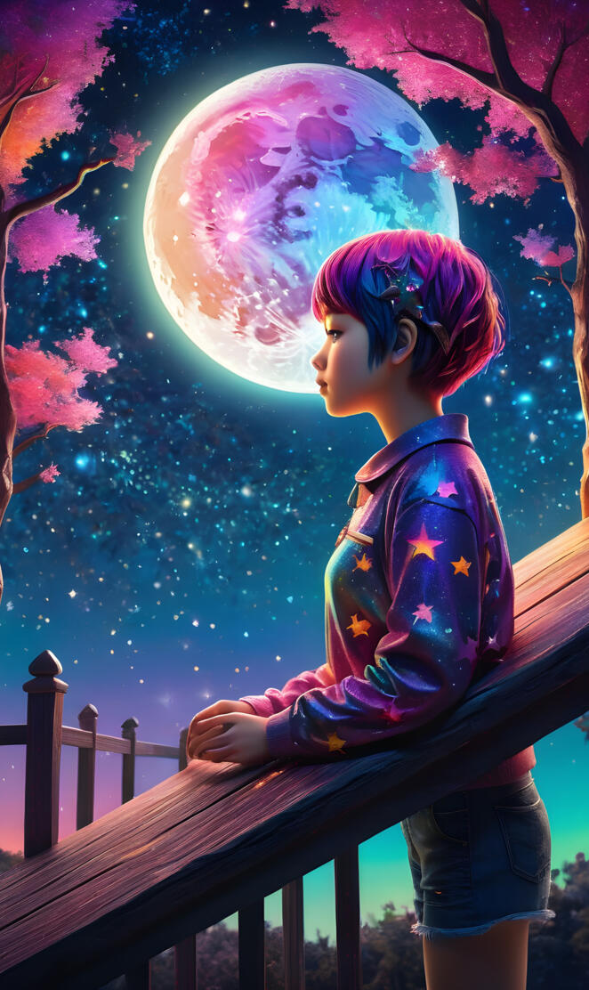 a child standing on a railing looking at the stars in the sky